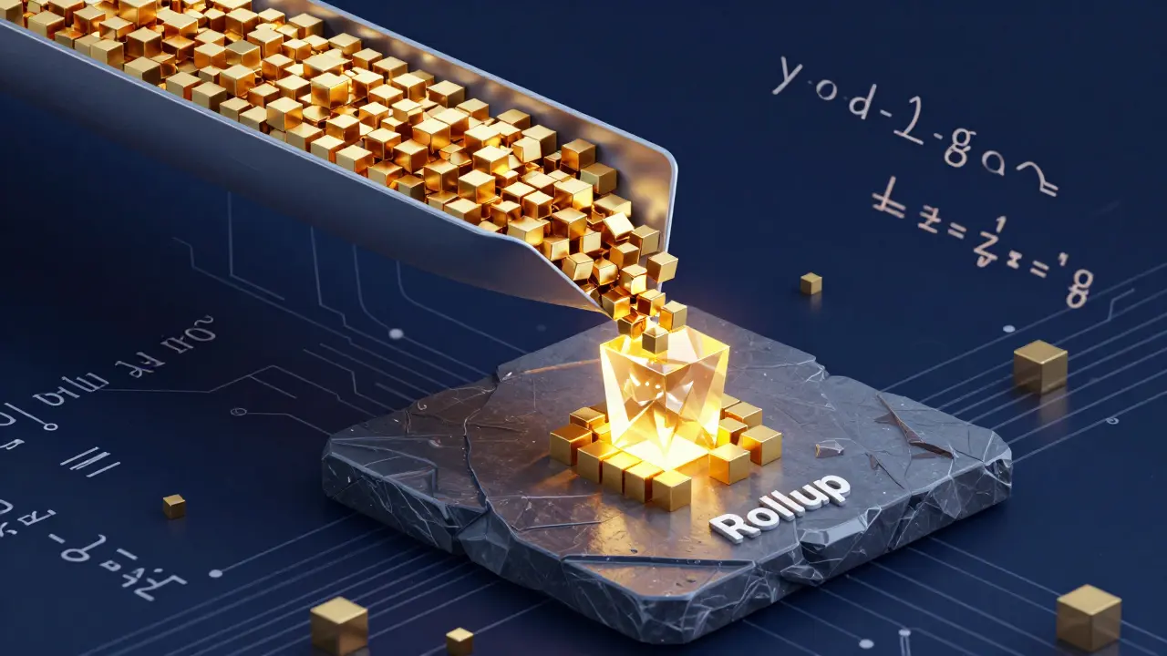 Digital illustration of many small data cubes being compressed into one large prism.