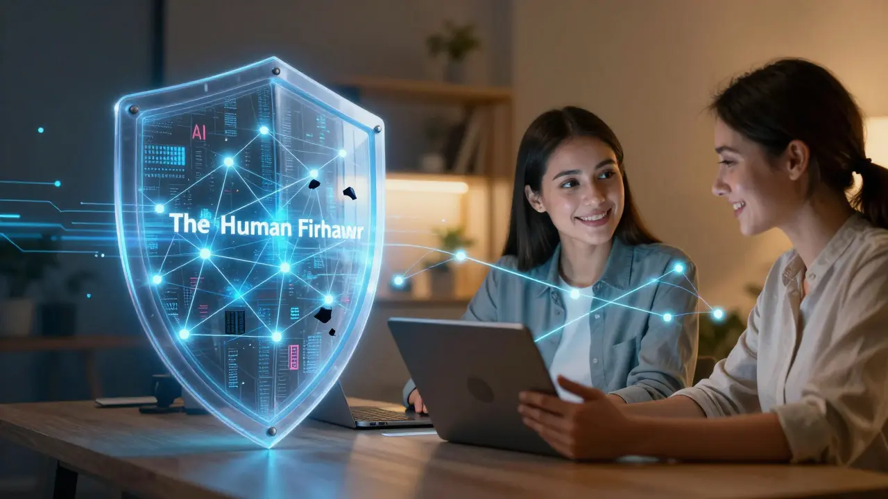 Digital shield protecting data contrasted with a supportive video call between colleagues