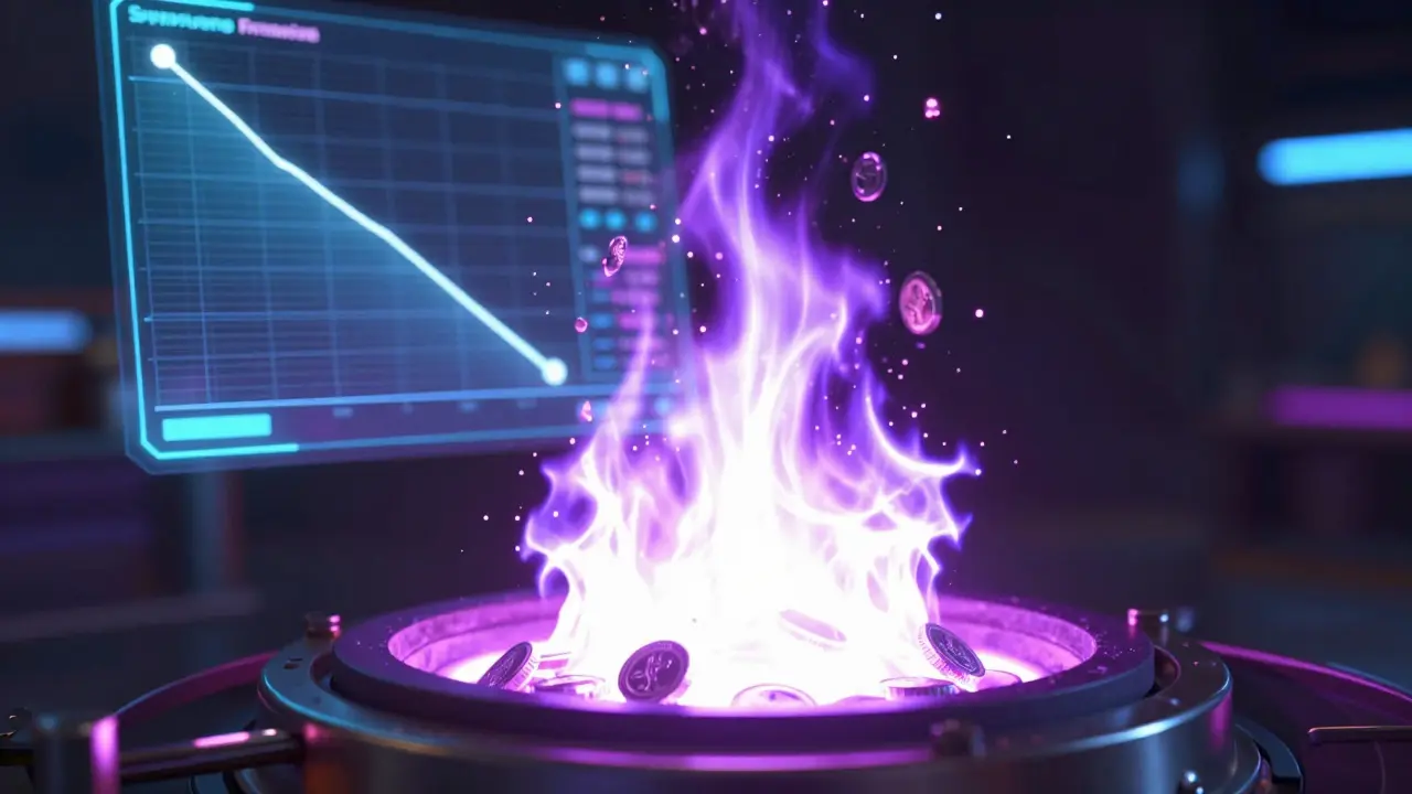 Digital tokens being burned in a futuristic violet plasma forge.