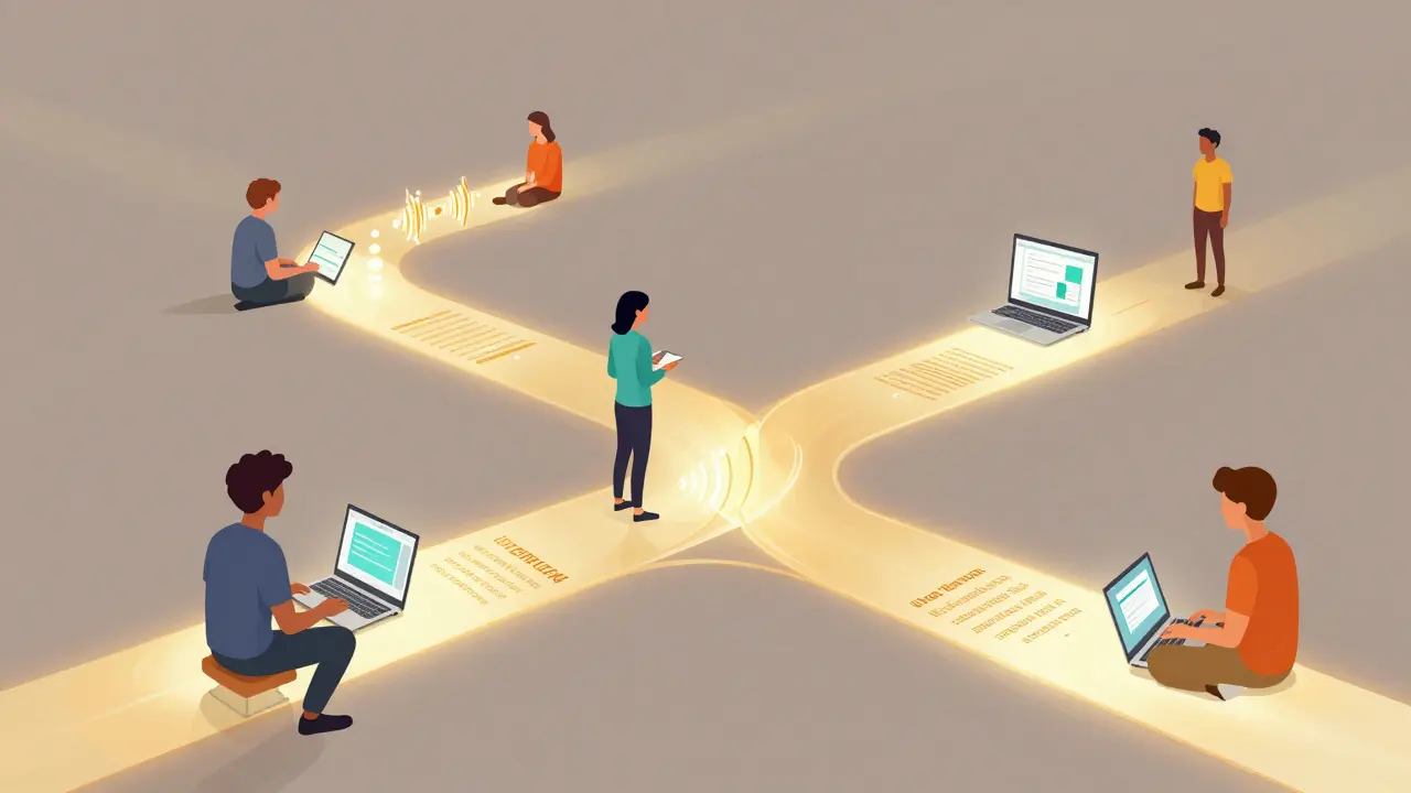 Diverse learners interacting with a glowing digital path branching into audio and visual formats.