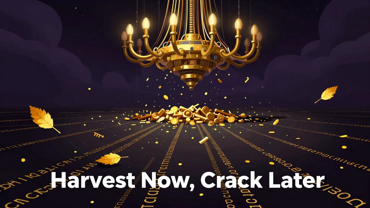 Golden encrypted data fragments floating beneath a massive quantum computer.