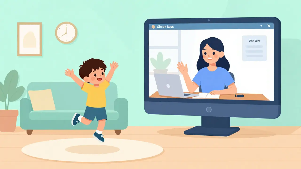 Illustration of a child exercising during a virtual lesson with a supportive teacher