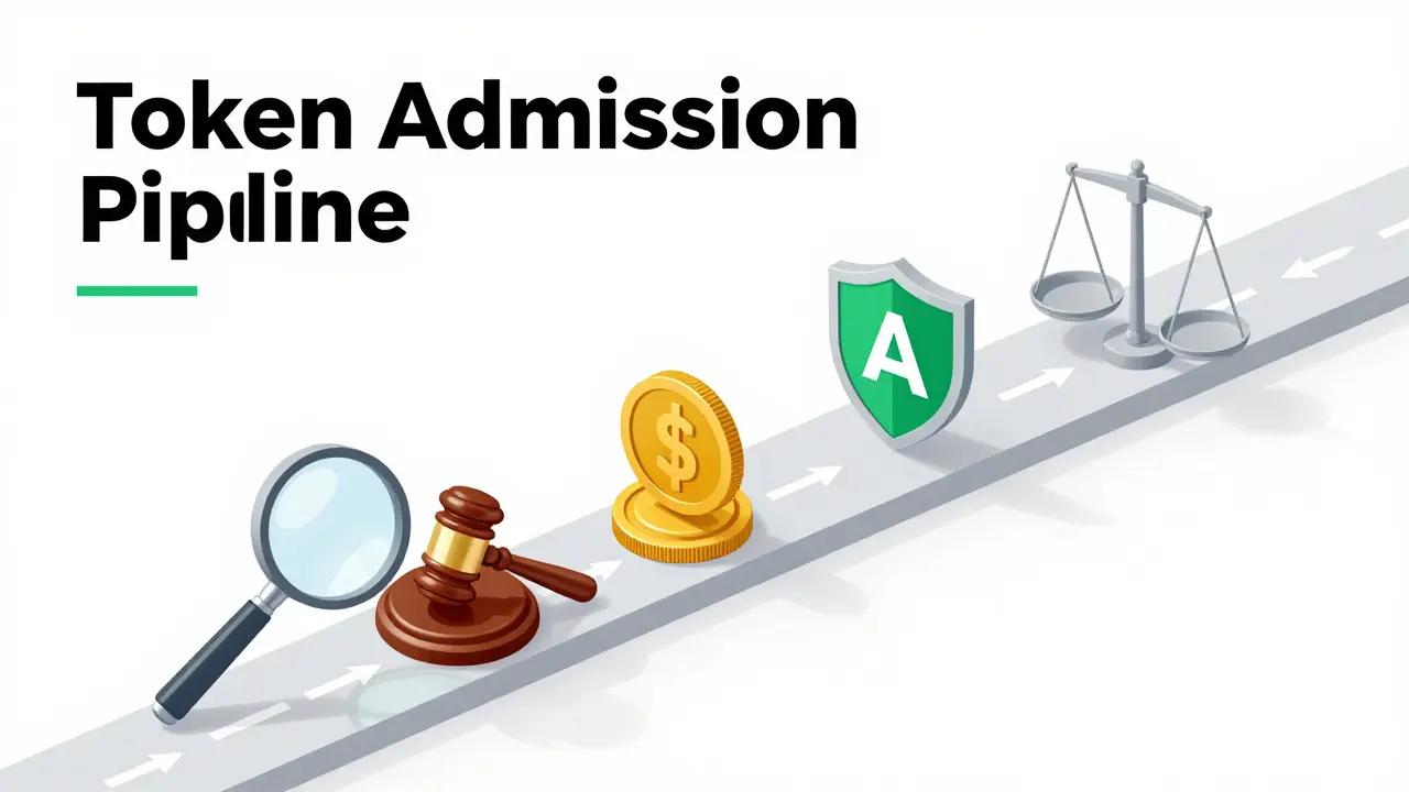 Isometric 3D diagram of a token listing process showing verification and audit checkpoints