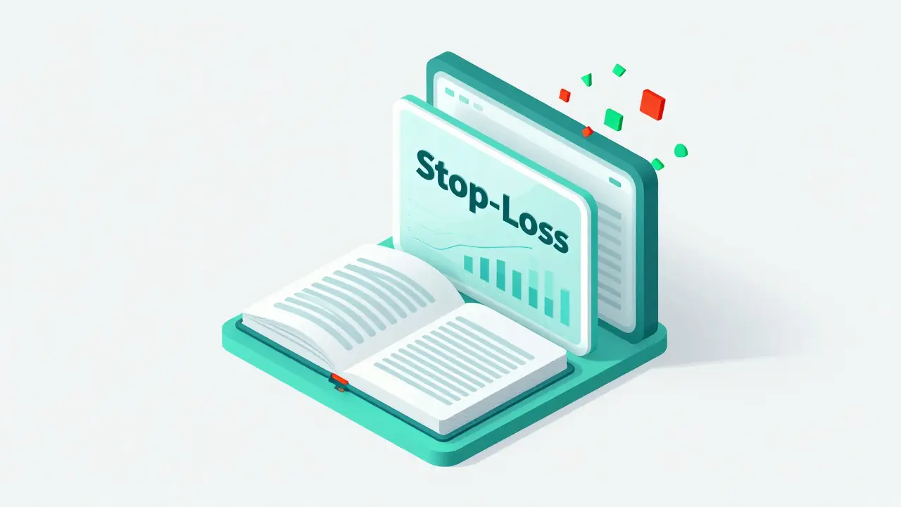 Isometric illustration of a trading journal and stop-loss mechanism protecting against market chaos.