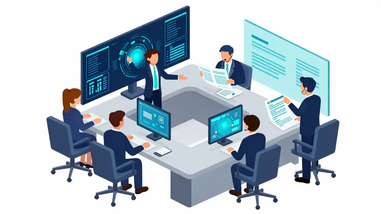 Isometric view of a multidisciplinary security team collaborating in a high-tech operations center.