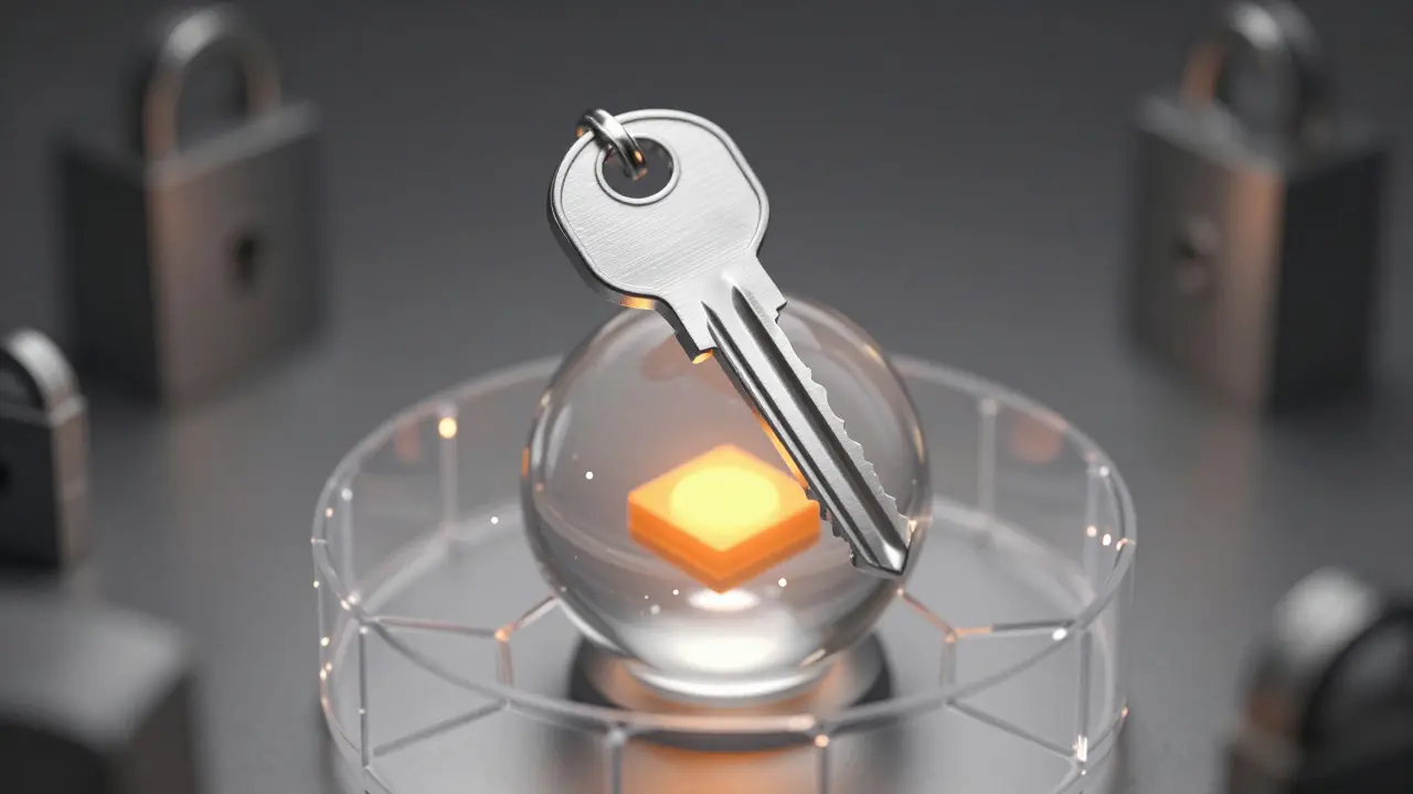 Metallic key protecting a glowing asset orb inside a force field.