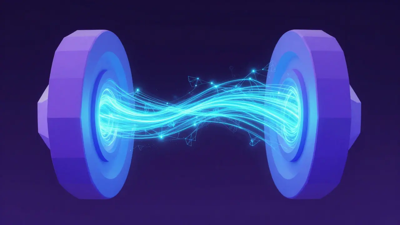 Neon energy streams flowing between geometric trading pools in void.