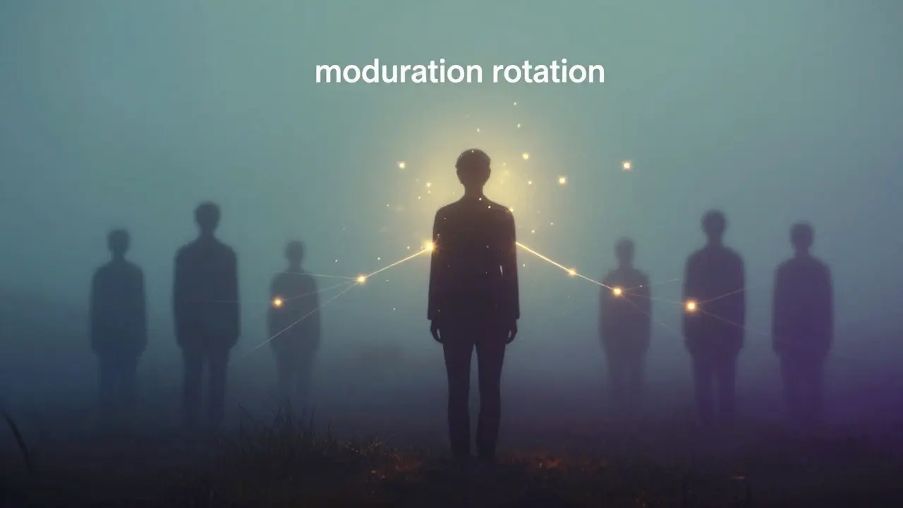 Silhouettes of moderators connected by glowing threads in a serene, iridescent landscape.