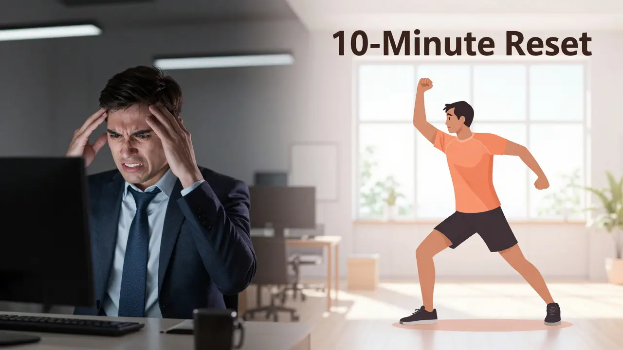 Split screen showing a panicked trader transitioning to a physical exercise reset