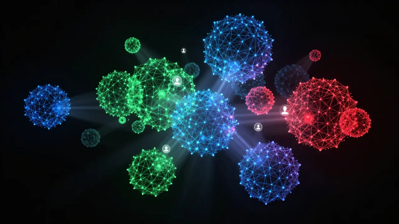 Abstract 3D visualization of wallet clustering algorithms and data nodes