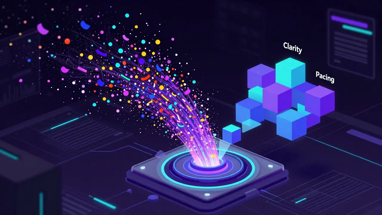 Abstract visualization of AI analyzing student feedback data