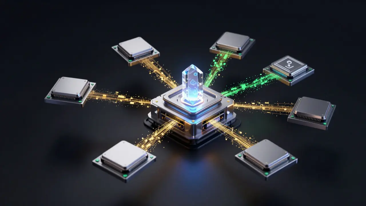 Abstract visualization of decentralized compute nodes and data flow