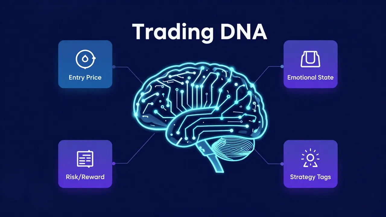 Abstract visualization of trading data metrics and strategy tags