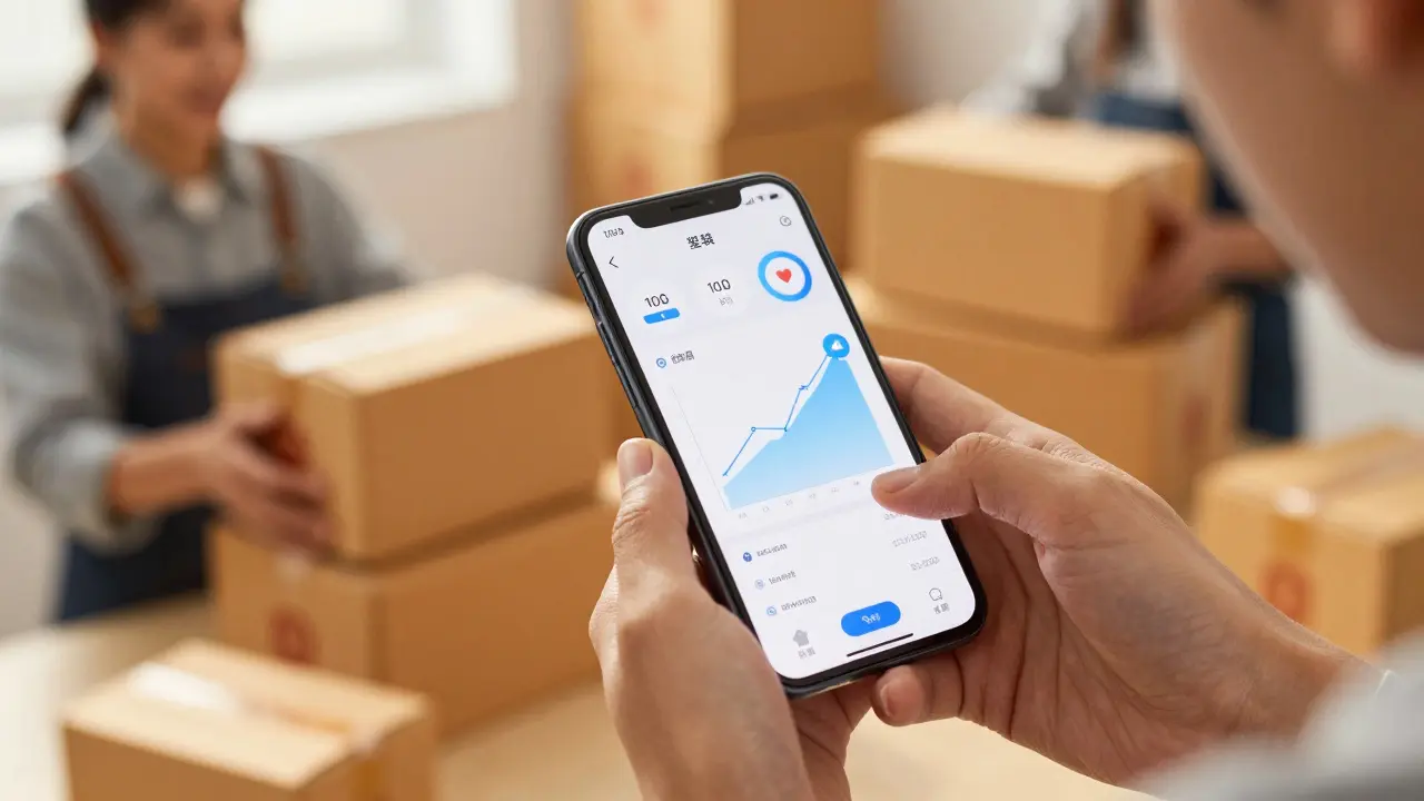 Analyzing sales data on phone with packing boxes in background