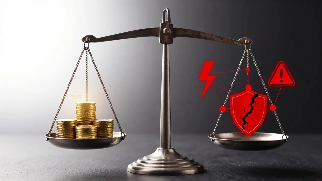 Balance scale weighing staking yields against smart contract and centralization risks