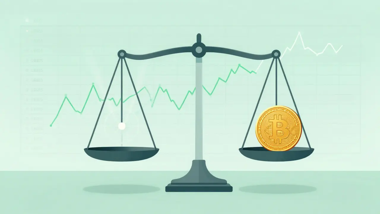 Balanced scale with Bitcoin and target line symbolizing precise limit orders
