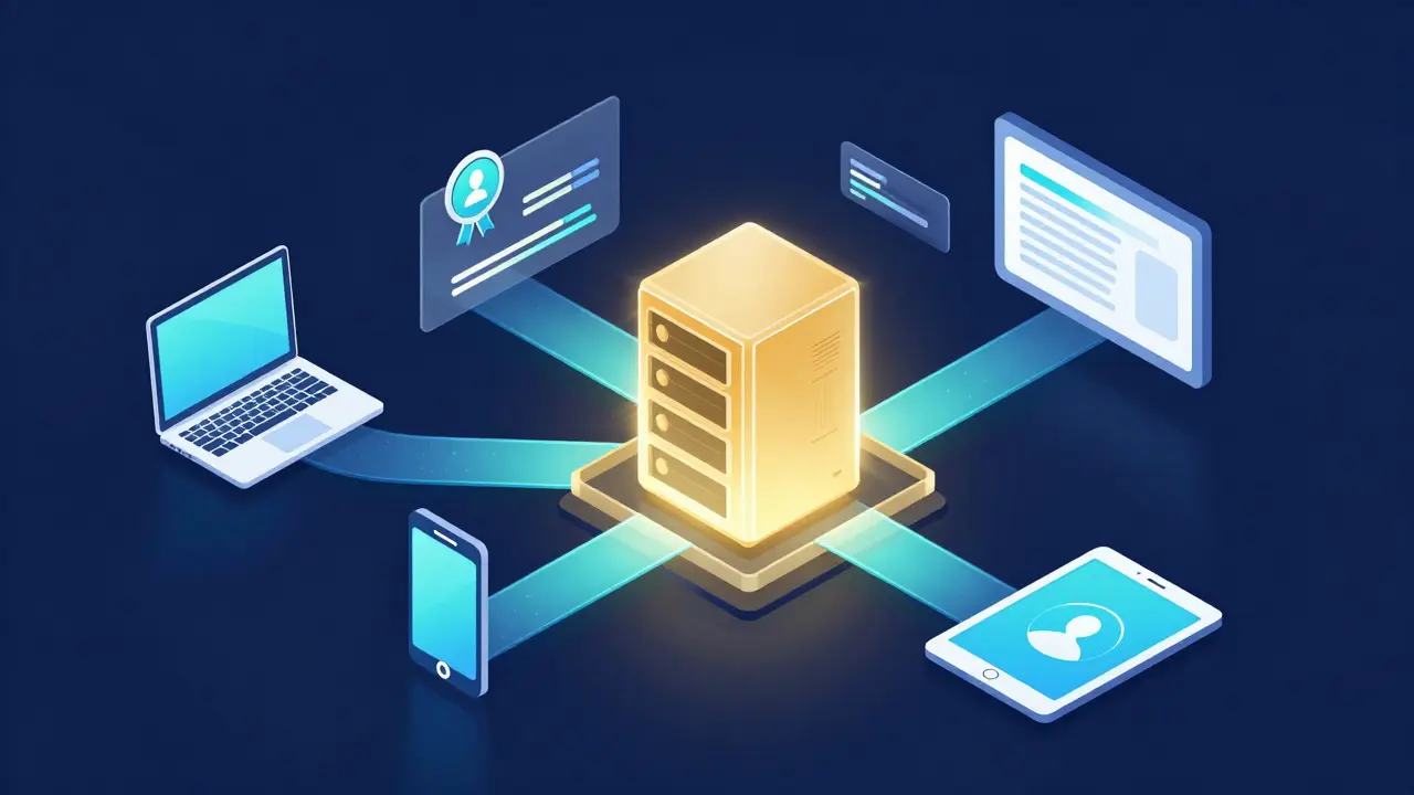 Central server hub unifying data from web, mobile, and LMS platforms via glowing connections.