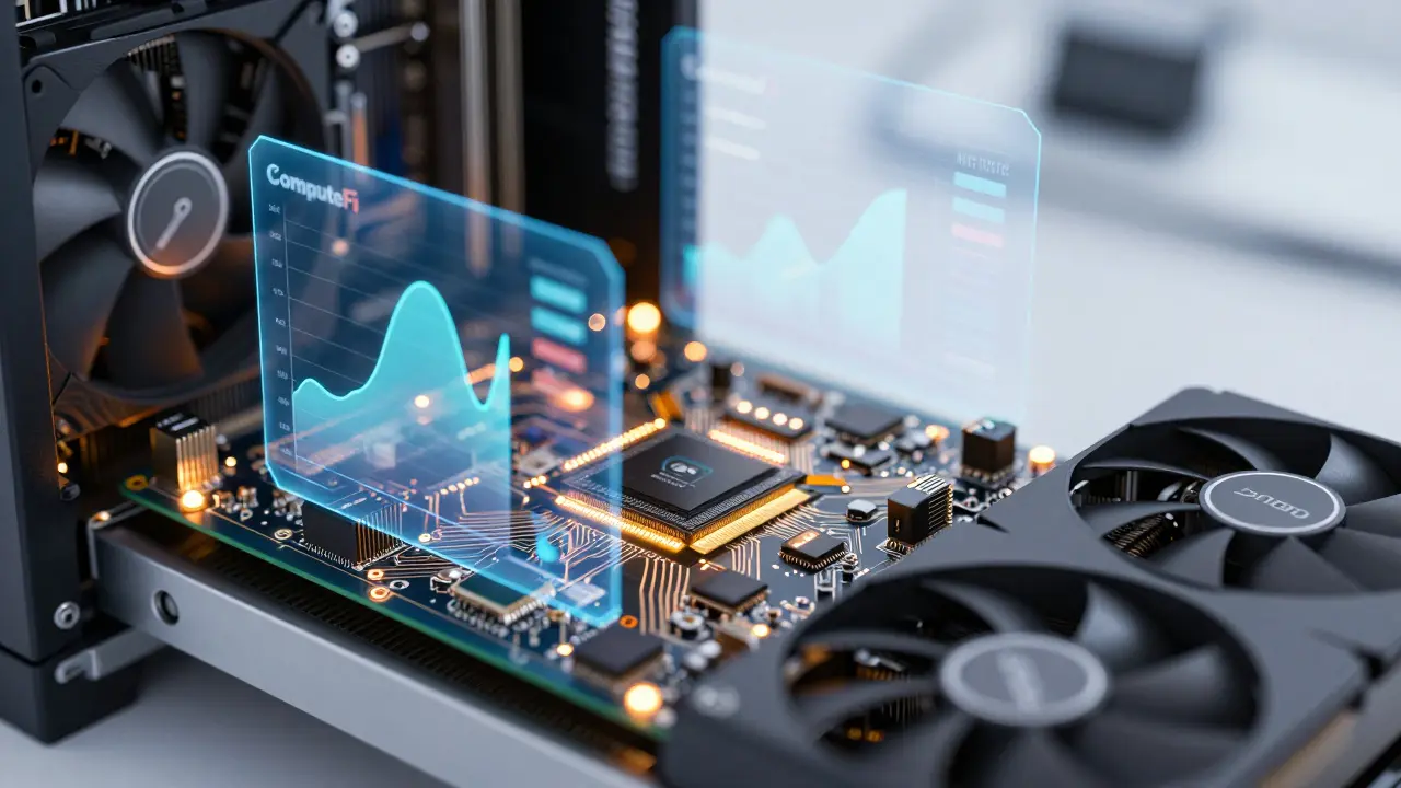 Close-up of GPU hardware with holographic performance metrics
