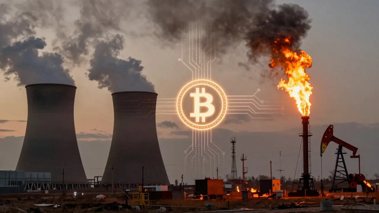 Coal plant smoke and gas flares connected by digital circuits to a Bitcoin logo.