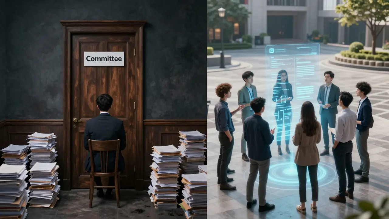 Contrast between slow traditional grant committees and fast decentralized DAO voting