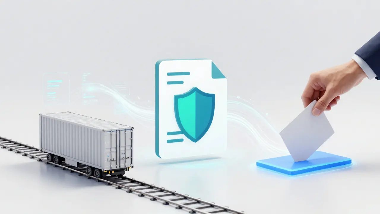 Digital graphics showing blockchain use cases in supply chain, health, and voting