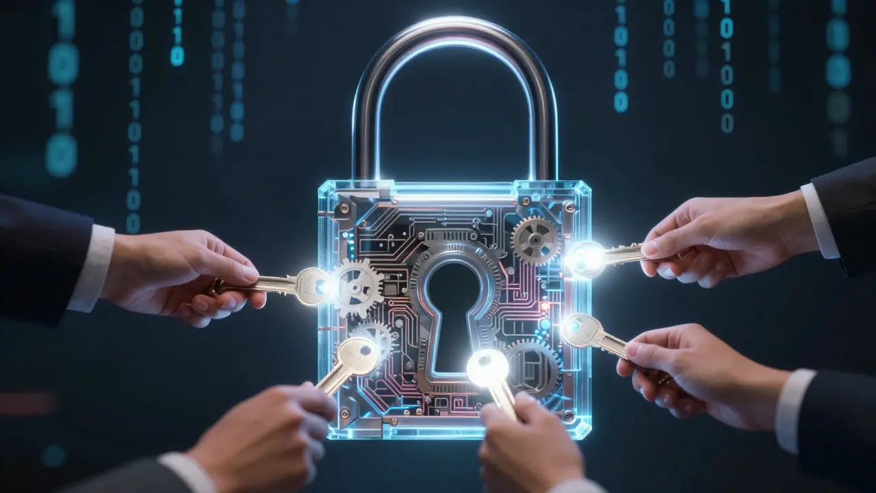 Digital lock requiring five keys from different hands to open