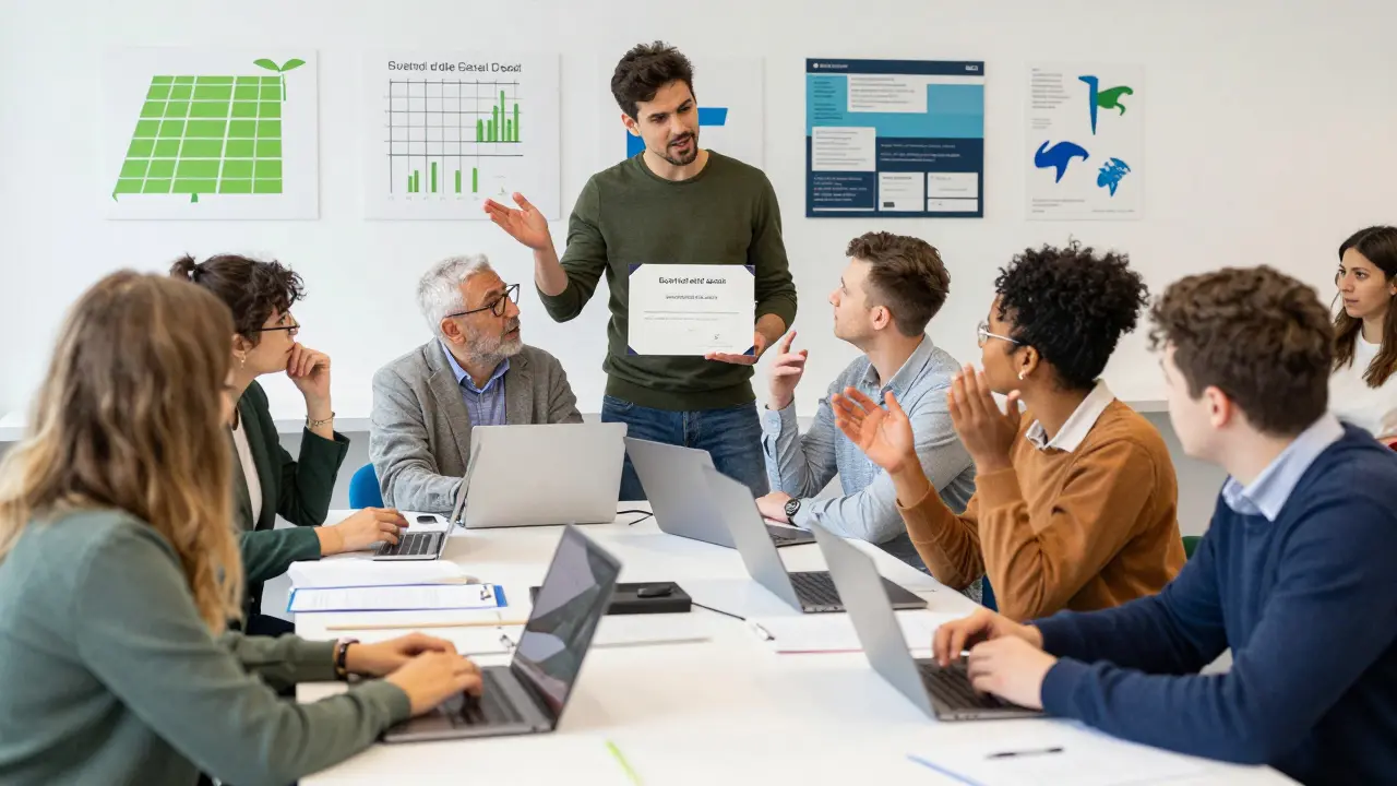 Diverse adults collaborating in a bright UK community learning center