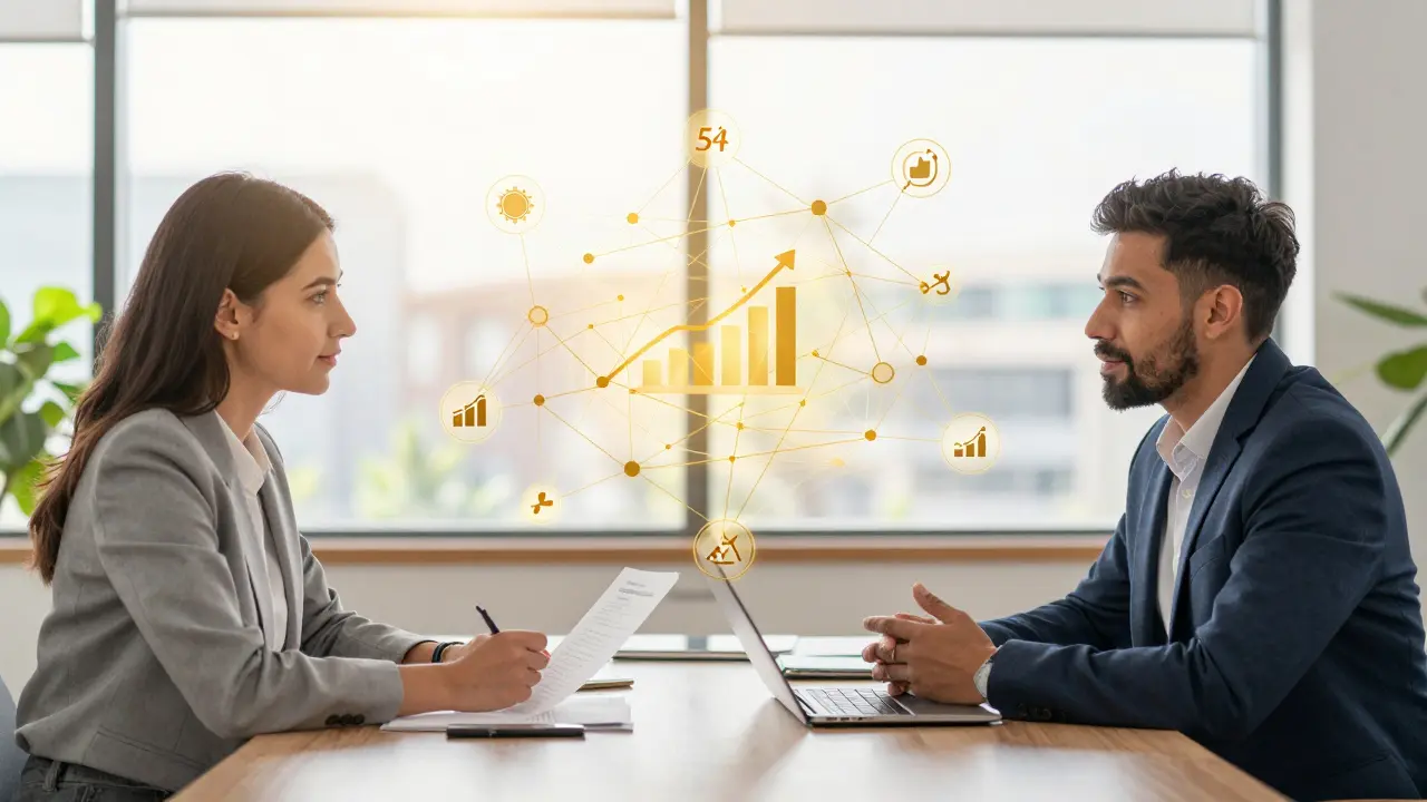 Founders negotiating with investors while a golden web of financial metrics floats between them