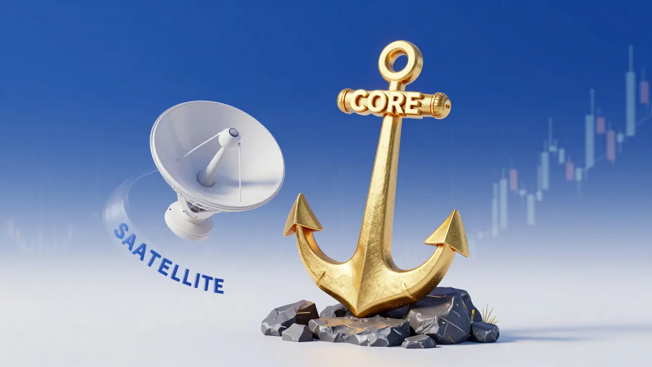Golden anchor and orbiting satellite representing investment strategy