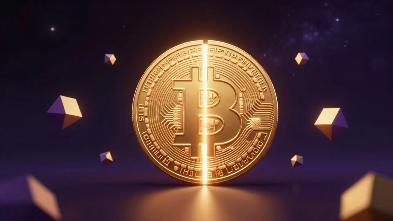 Golden Bitcoin splitting in half surrounded by blockchain blocks in space