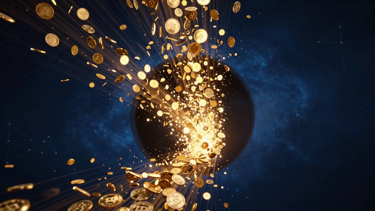 Golden ETH coins dissolving into light, symbolizing the burn mechanism
