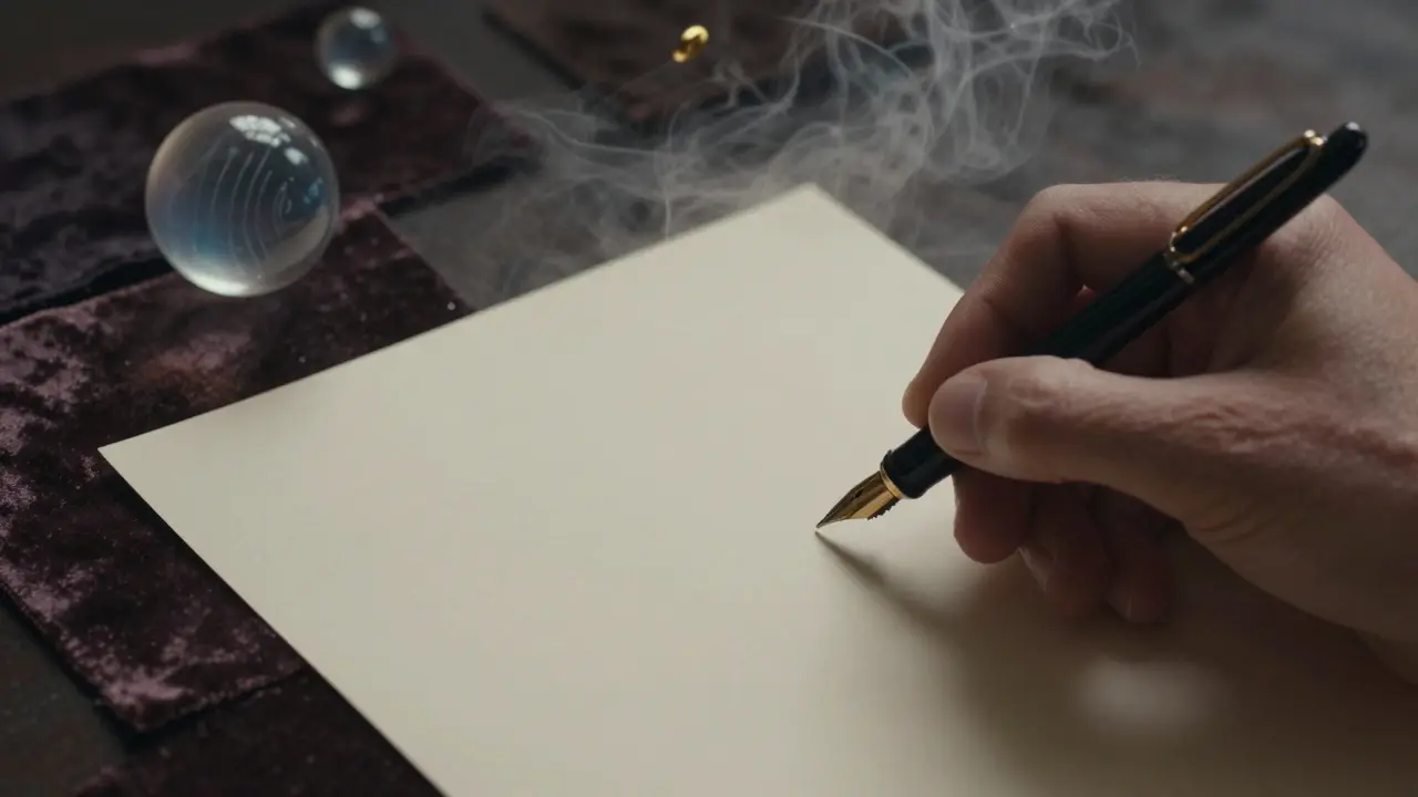 Hand with pen over paper surrounded by abstract sensory symbols