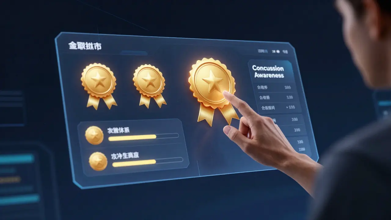 Holographic dashboard showing gamified athlete training metrics