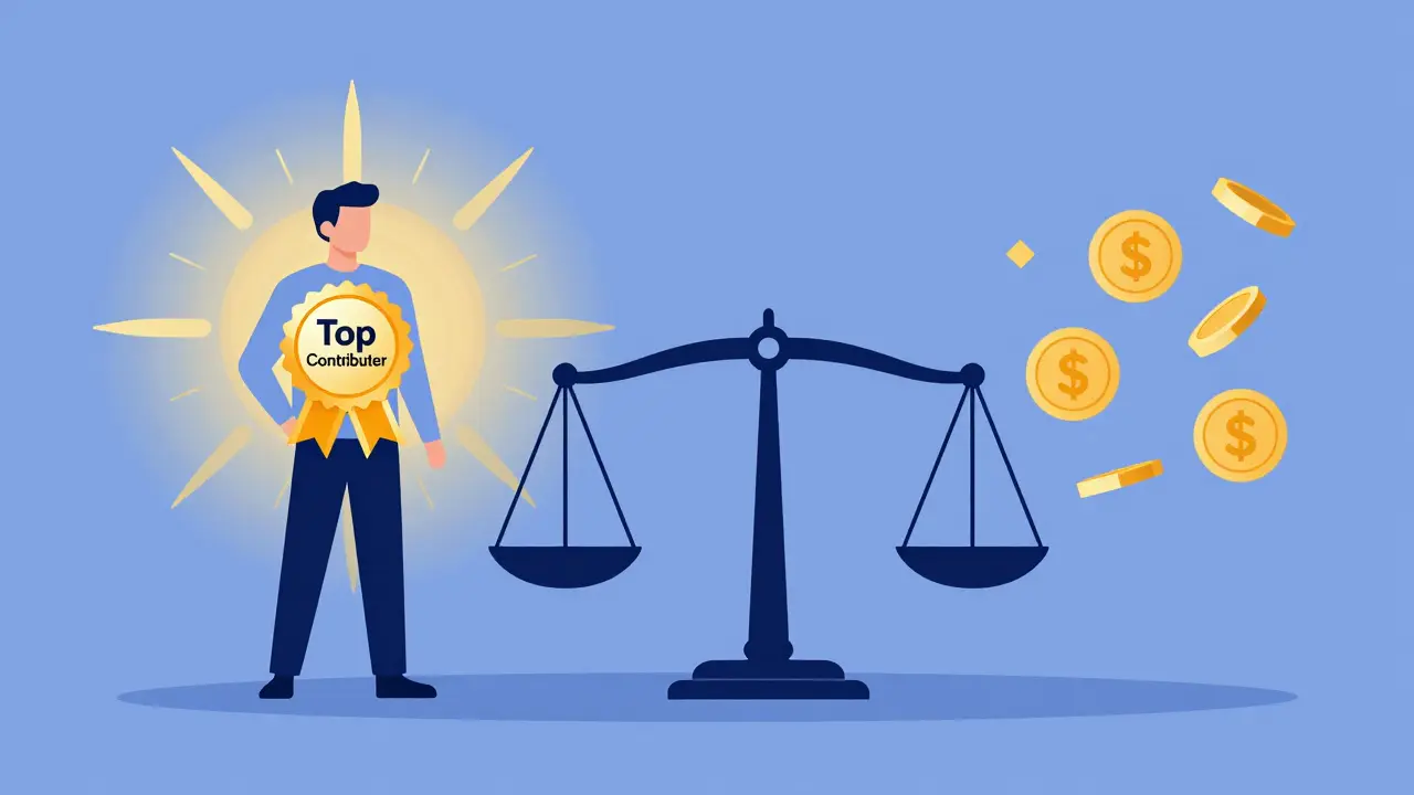 Illustration balancing social pride badges with transactional point coins.