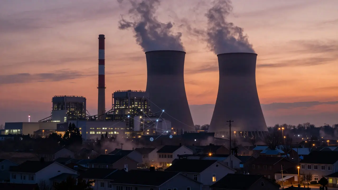 Industrial power plant near a residential town at dusk, showing environmental impact.