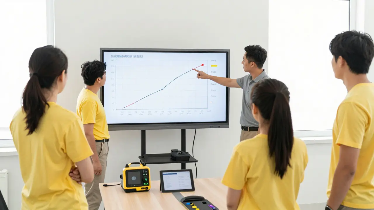 Instructor and trainees reviewing performance data graphs during a CPR debriefing session