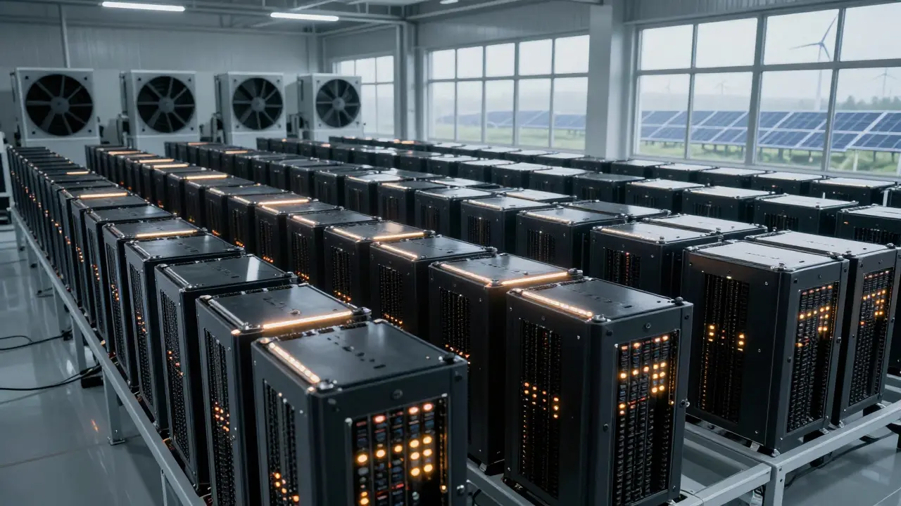 Massive industrial Bitcoin mining farm with rows of ASIC machines