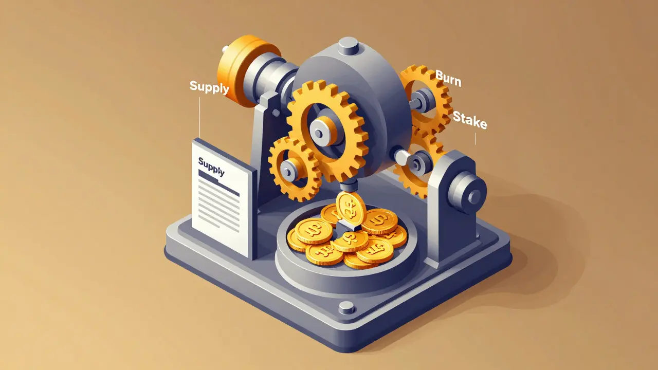 Mechanical engine illustrating token supply, burn, and staking