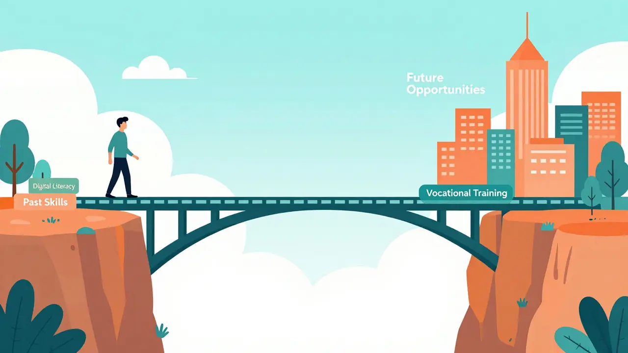 Metaphorical bridge made of skills connecting past to future jobs