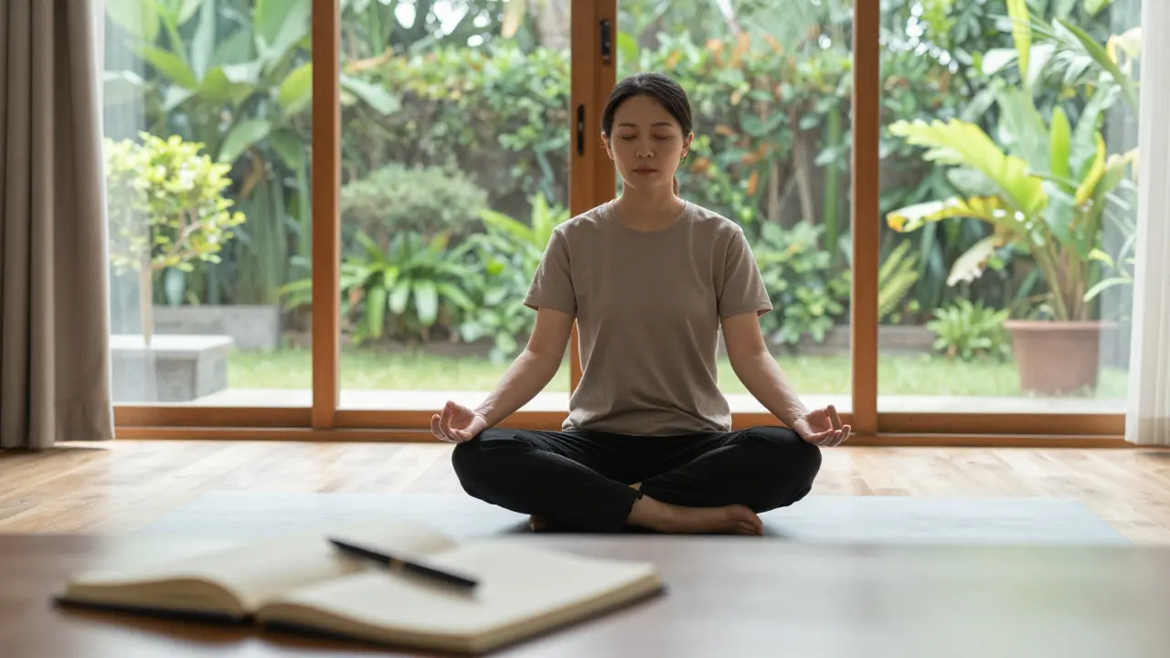 Person meditating in a sunlit room with a notebook nearby