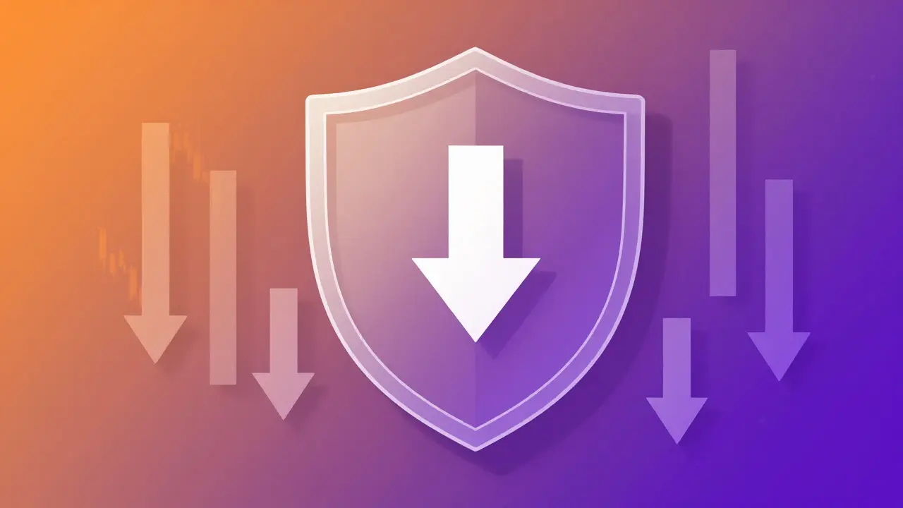 Protective shield around asset icon deflecting downward crash arrows