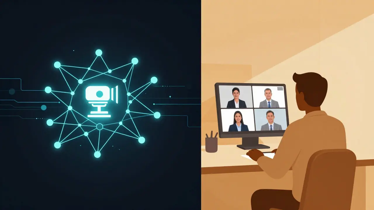 Split illustration comparing AI algorithms vs human proctors