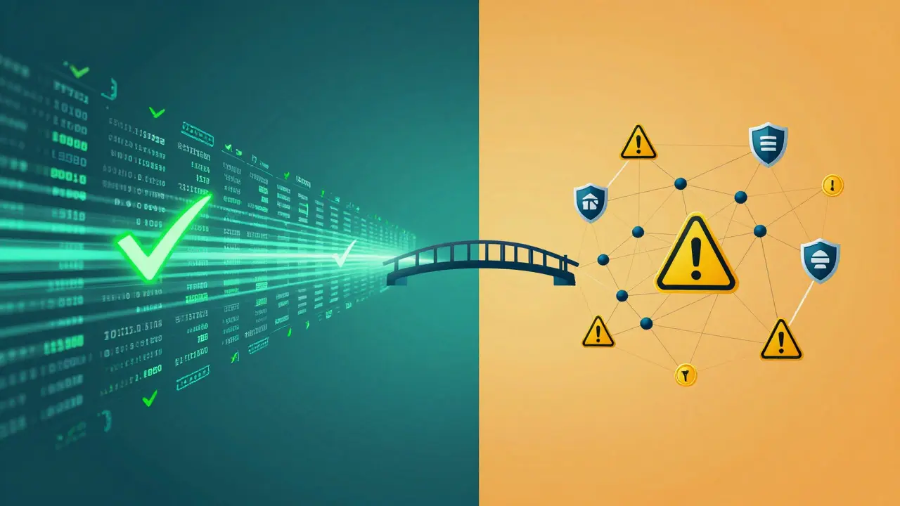 Split view contrasting high-speed enterprise blockchain efficiency with complex public chain networks.