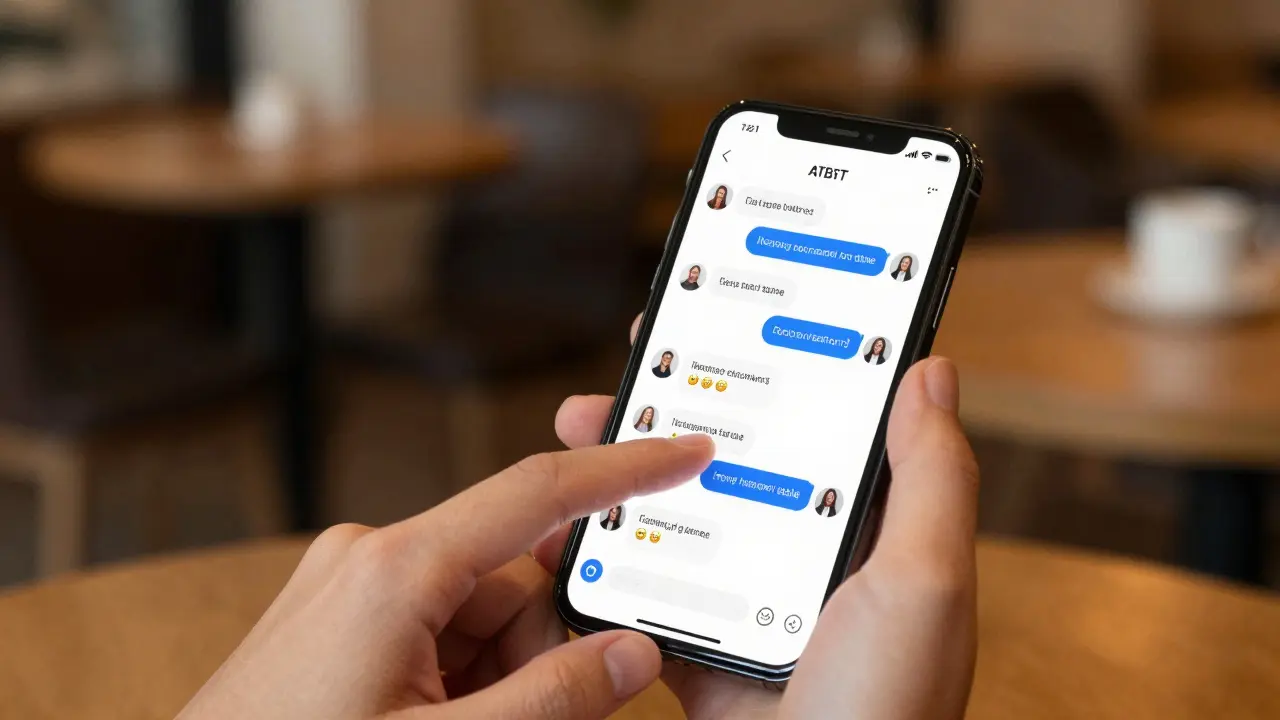 Student using smartphone app for AI language practice in a cafe