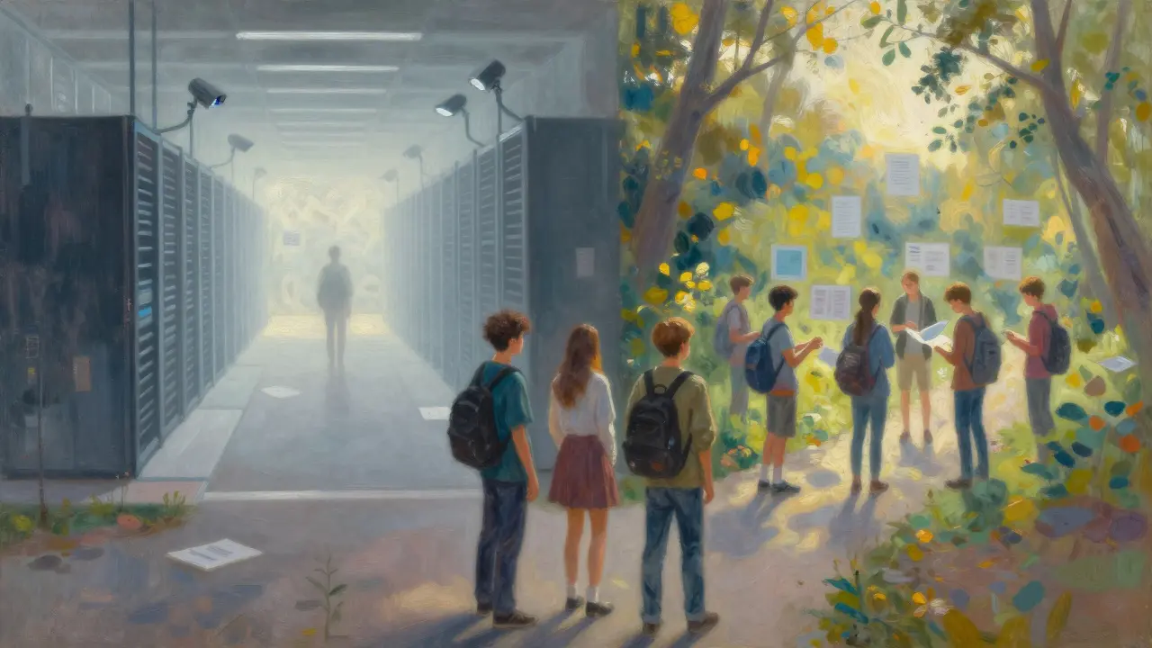 Symbolic art showing choice between surveillance and authentic learning
