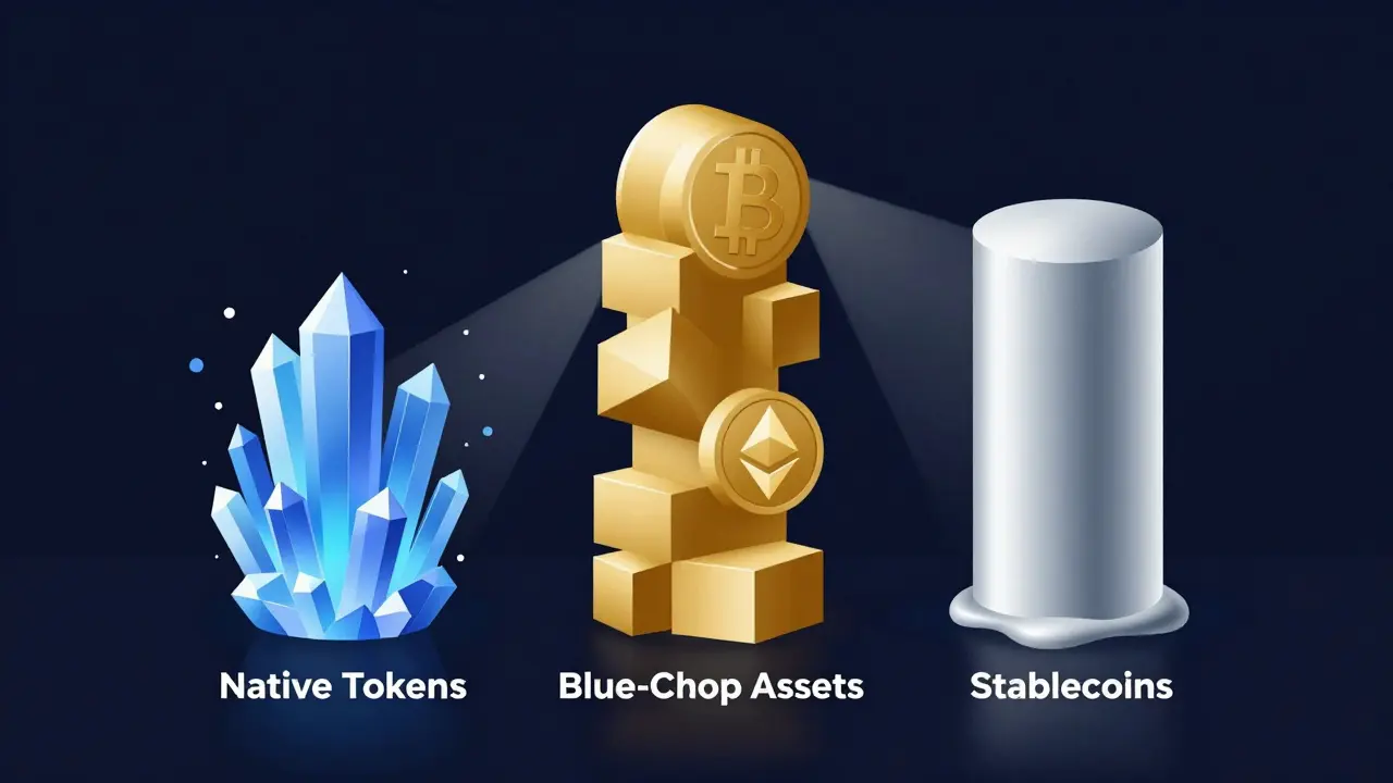 Three pillars representing native tokens, BTC/ETH, and stablecoins