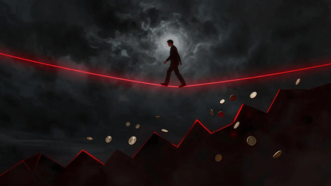 Tightrope walker balancing on a glowing red line over a dark void, symbolizing runway
