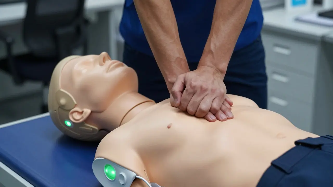 Trainee performing chest compressions on a smart manikin with real-time feedback sensors
