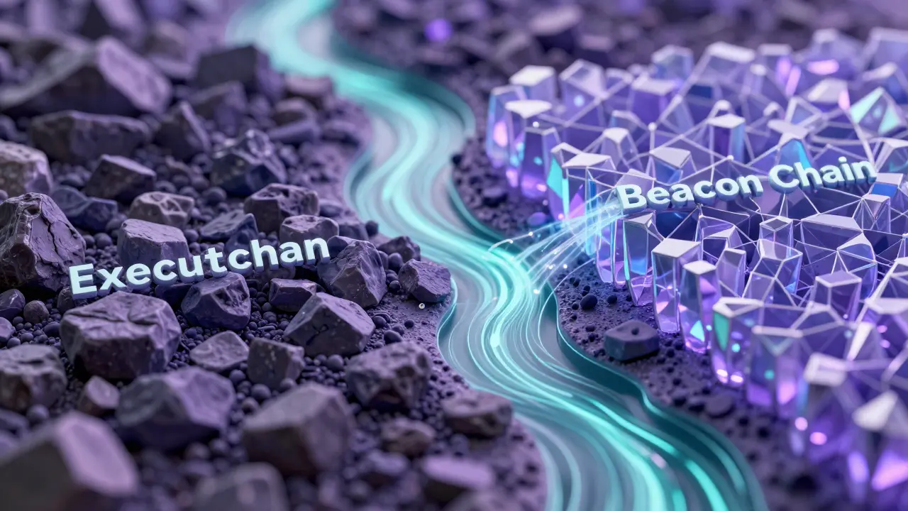 Two blockchain layers merging into a single stable system during The Merge upgrade.