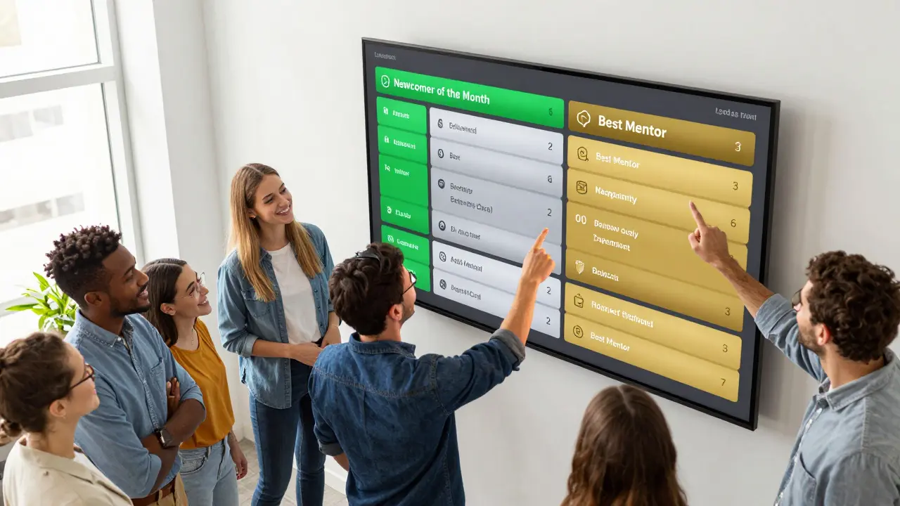 Users collaborating around a colorful segmented leaderboard display.